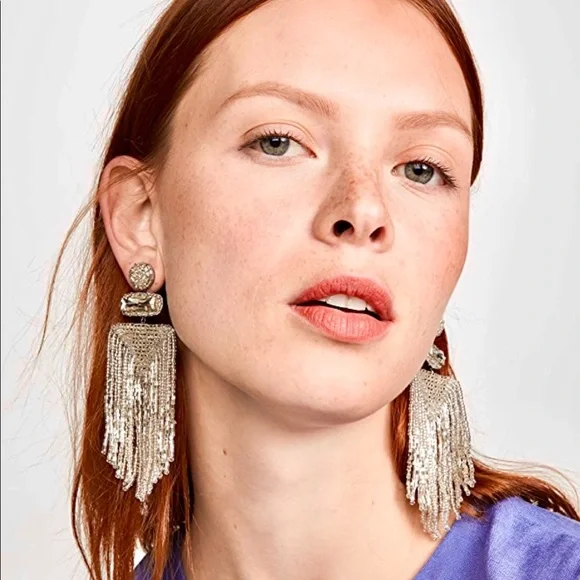 🌺🎉NWT🎉🌺 Anthropologie Deepa Silver Beaded Fringe Chandeliers - Picture 13 of 16